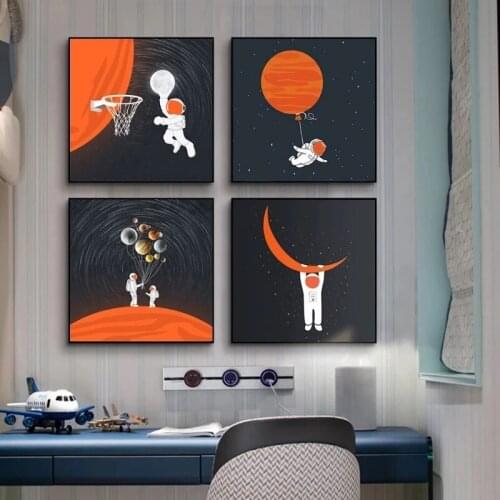 Modern Cartoon Moon Astronaut Canvas Painting Poster and Print for Living Room Kids Room Pictures Wall Art Home Decor Cuadros