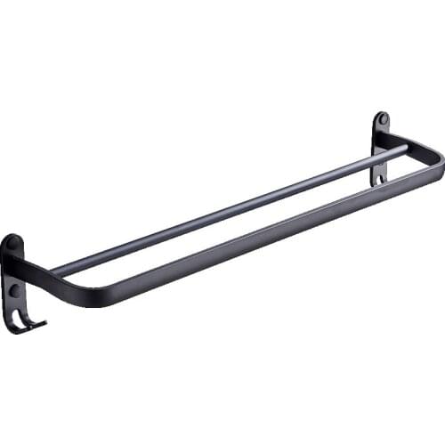 TOP 60 cm Wall Mount Black Towel Rack Aluminum Double Rod Towel Bar with Hook for Home Hotel Bathroom Shower Accessories