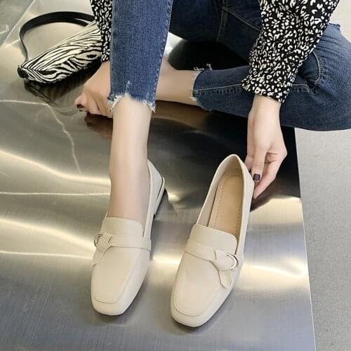 Retro Square Toe PU Leather Shoes Womens 2021 Spring Solid Color Slip-on Casual Shoes Ladies Low-heel Office Work Shoes