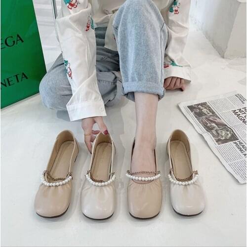 Mary Jane Leather Shoes Woman Pearl Loafers Spring Autumn Square Head Slip On Ballet Flats Shoes Contracted Ladies Moccasin Soft