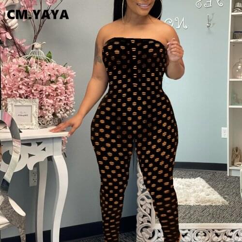 CM.YAYA Women Gauze Hollow Out Jumpsuit Sexy Streetwear Strapless Sleeveless One piece Overall Romper Outfit Playsuit 4 Colors
