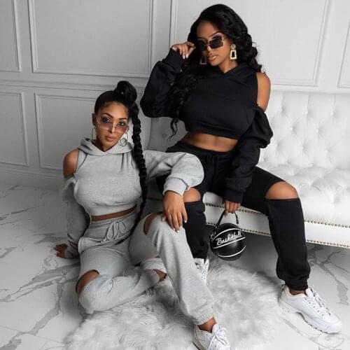 Women 2 Piece Set Outfits Tracksuit for Women Fall Cothes 2020 Zipper Hole Outfits Long Sleeve Hooded Sweatshirt Pants Wholesale