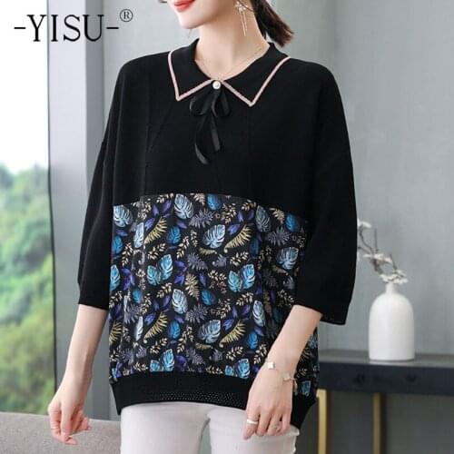 YISU Loose Ice silk Womens sweater lapel Printing Stitching Spring tops Long sleeves Jumper Female Casual Knitted pullover 2021