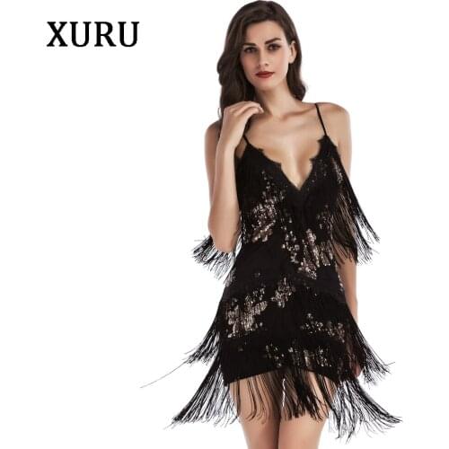 XURU new fringed sexy womens sequin dress ladies sleeveless halter luxury club club party dress