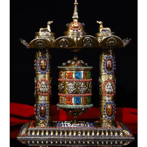 10"Tibet temple Old Tibetan silver mosaic Gem Dzi Bead Filigree Prayer wheel Poodle statue Inside Town House Exorcism
