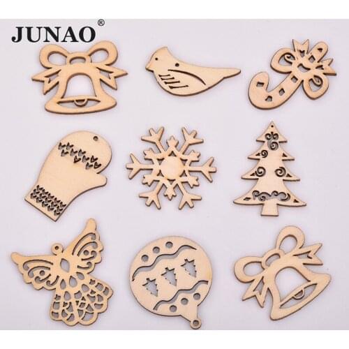JUNAO 20pcs Random Mix Wooden Snowflakes Christmas Ornaments Xmas Tree Hanging Pendants New Year Christmas Decorations for Home