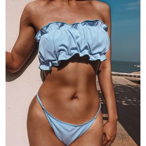 2021 Yiiciovy New Sexy Womens Bandeau Bikini Set Strapless Ruffle Ruched Tops + Bottom Two Pieces Summer Beach Swimsuit Sets
