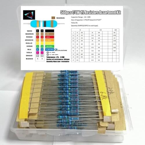 560pcs/set 1-10M ohm 1/4W Resistance 1% Metal Film Resistors Electronic Assorted Resistance Component Kit