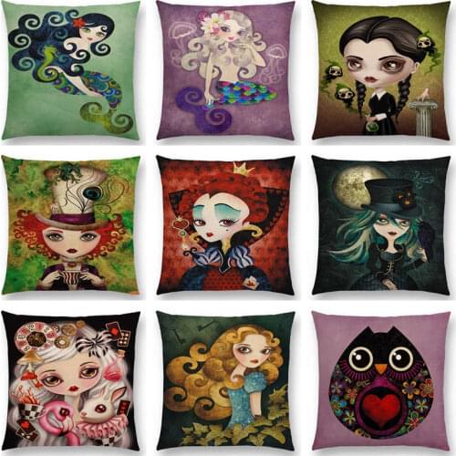 Alice Mermaid Fallen Angel Lady Hatter Ravens Moon Queen Clown Girl Pierrette Countess Owl Cushion Cover Sofa Throw Pillow Case