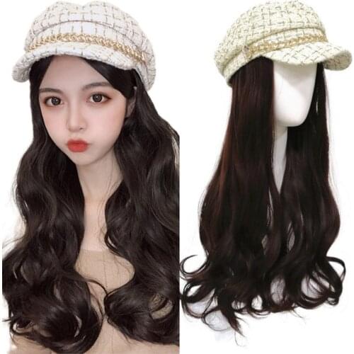 Women Beret with long Hair Attached ,Curly Wavy Long Hairpiece Beret Hat Detachable