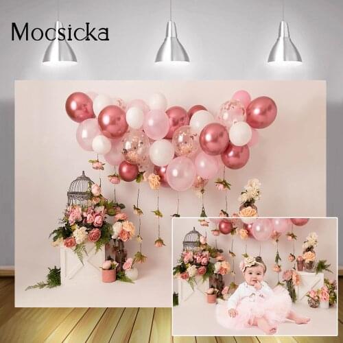 Children Portrait Backdrop Floral Newborn Baby Birthday Cake Smash Background Balloons Spring Flowers Birdcage Photography Props