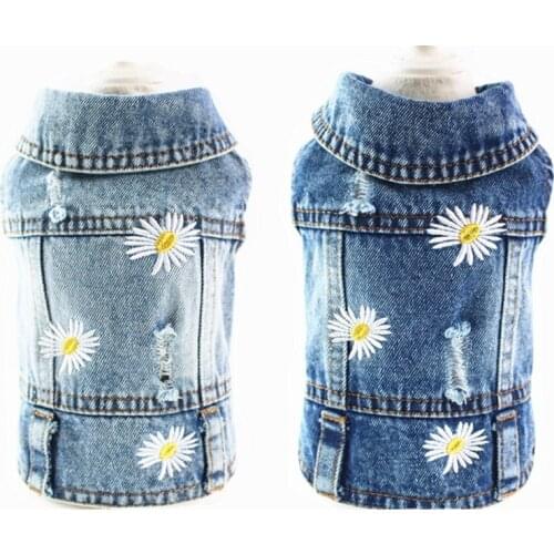 New Fashion Flower Embroidery Denim Dog Clothes Summer Jeans Pet Dog Vest Puppy French Bulldog Clothing For Dogs Pets Clothing