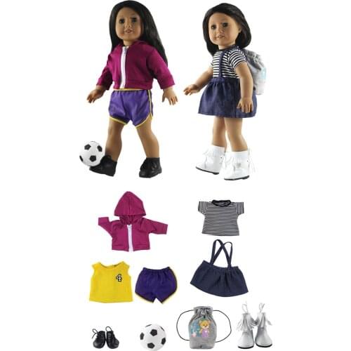 Hot sell! 2 set Leisure handmade dress clothes outfit for 18"American Doll+Shoes+Bag+Soccer Doll accessories
