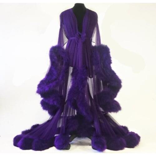 Bathrobe for Women Purple Feather Full Length Lingerie Nightgown Pajamas Sleepwear Womens Luxury Gowns Housecoat Nightwear