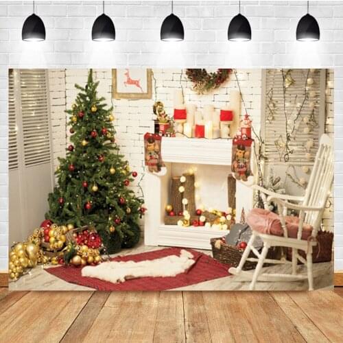 Laeacco Interior Christmas Tree Brick Wall Fireplace Baby Birthday Photo Photography Backdrop Photo Background For Photo Studio