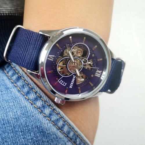 Jameker Blue Canvas Relojes Hombre 2020 Design Skeleton Open Work Men Business Mechnaical Automatic Wrist Watch Top Brand Luxury