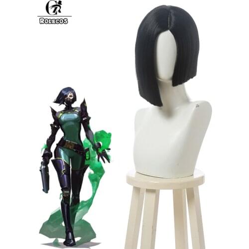 ROLECOS Game Valorant Viper Cosplay Wigs Short Hair Headwear Cosplay Valorant Viper Short Black Hair 35CM Wig Halloween