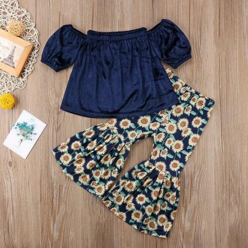 Clearance! Baby Girl Clothing Set Off-shoulder Tank and Sunflower Bell-bottom Trousers Outfit Spring and Summer Toddler Clothes