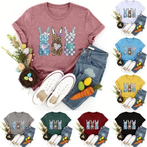 S-3XL Rabbit print Easter tops Womens Casual Loose Round Neck Shorts Sleeve Letter Print Top Blouse T-shirt koszulka damska T5