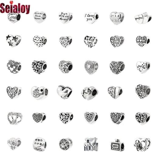 Seialoy Dropshipping Silver Color Heart Beads Charm Fit Bracelet & Necklace For Women Jewelry Accessory Beaded BD0161-0200