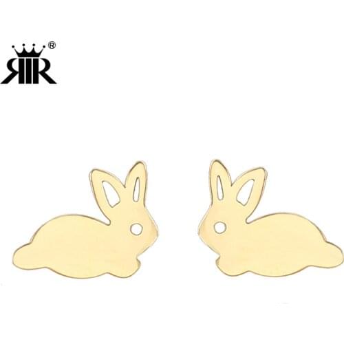 RIR Women Girl Silver Fine Jewelry Lovely Rabbit Animal Stud Earrings In Stainless Steel with High Polish Finished
