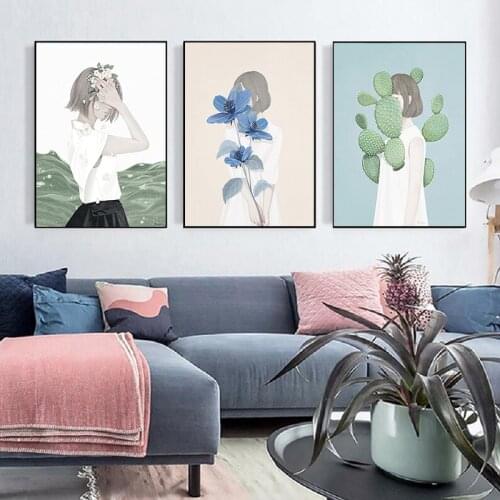Nordic Flowers Woman Cactus Vintage Abstract Canvas Painting Wall Art Print Poster Picture Home Decorative Living Room Bedroom