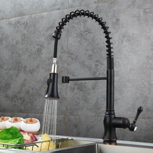 Kitchen Sink Faucets Black Oil Brushed Brass Pull Down Spray Nozzle Sink Mixer Tap Single Handle Hot & Cold Rotating Mixer Crane
