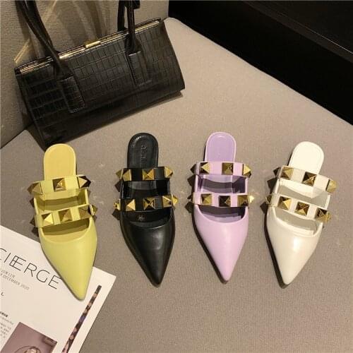 Slipper For Women Outdoor Wear 2021 Summer Sandals New Style Baotou Flat Mules Shoes Pointed Riveting Nail Lazy Half Slippers