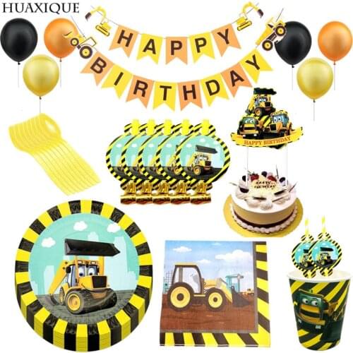 10pcs Construction Tractor Theme Disposable Tableware Paper Cup Plates Napkins Truck Vehicle Excavator Kids Party Decor Supplies