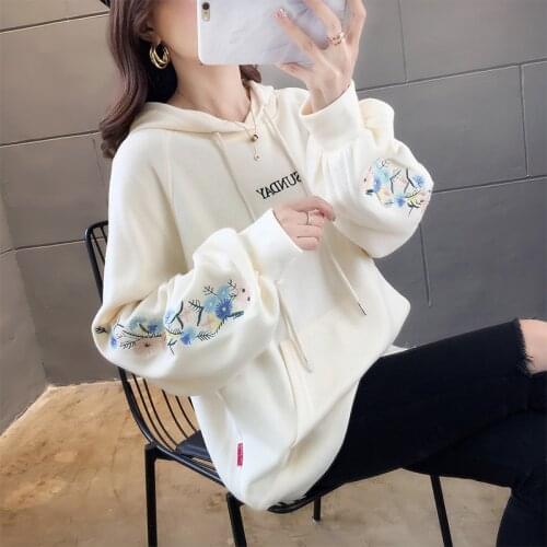 Autumn Winter Women Plus Velvet Casual Hoody Loose Fleece Thick Embroidery Sweatshirt Top Long Sleeve Loose Oversized Hoodies