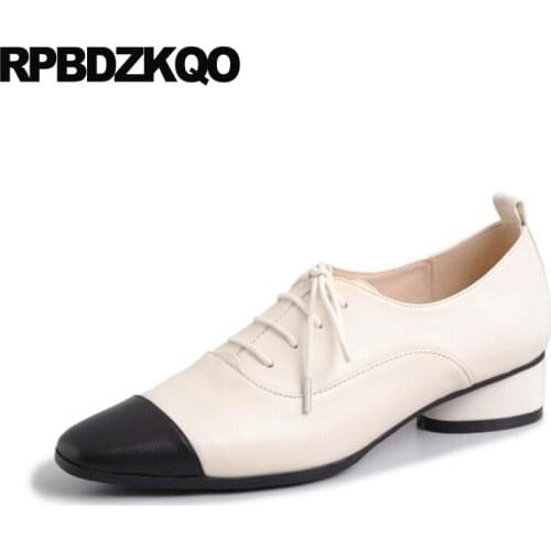 Low Heels Square Toe Chunky Size 33 Genuine Leather Pumps Block Fashion Shoes 2021 Luxury Women Beige Korean Designer Lace Up