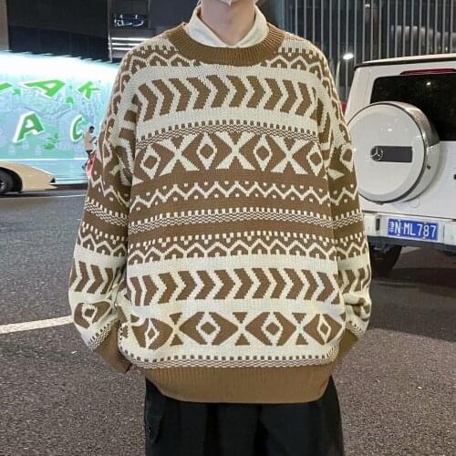 Oversize Knitted Sweater Retro Geometric Casual Pullover Long Sleeve O-neck Trend Tops Contrast Male Clothes Loose Autumn Winter