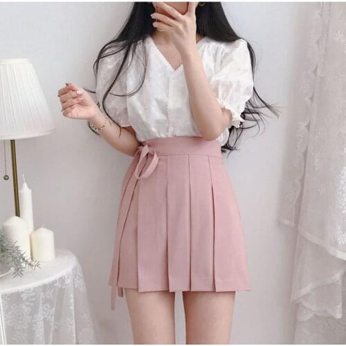 A line S-XL New Plus Size summer short Skirt Korean Skirt Women High Waist School Girl Skirt vintage mini skrits summer Pleated