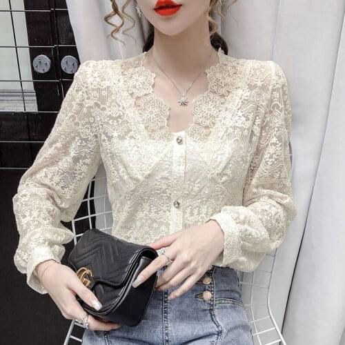 Women Blouse Autumn Winter Lace Shirt Hollow Top Womens Bubble Long Sleeve Shirt Blusas Ropa De Mujer