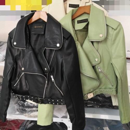 2021 New Fashion Women Motorcycle Faux Leather Jackets Rivets Belt Lady Long Sleeve Autumn Winter Biker Zippers Streetwear Coat