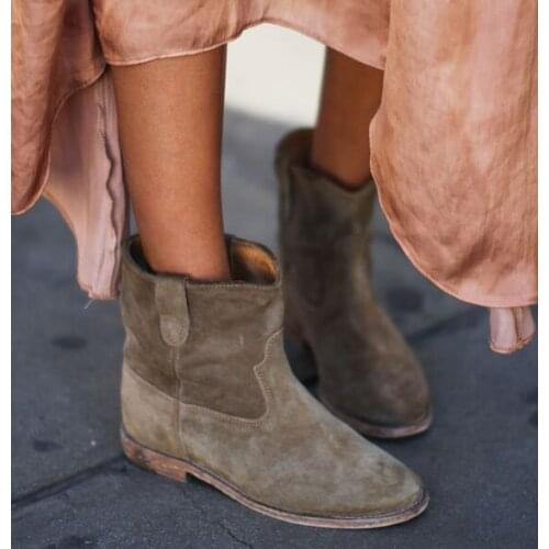 KALMALL Street Casual Style Slip-On Women Boots Comfort Flat Bottom Ankle Boots Gray Brown Suede Women Short Boots Botas Mujer