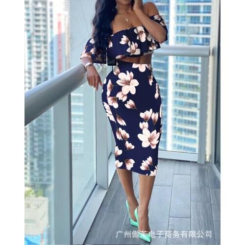 Womens Fashion Slim Printed One-shoulder Suit Summer New Short-sleeved Top + Skirt Two-piece Suit