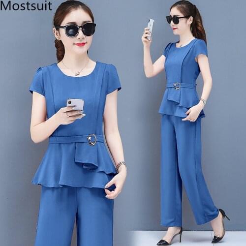 2020 Summer 2 Two Piece Sets Outfits Women Plus Size Short Sleeve Tunics Tops And Pants Suits Office Elegant Korean Sets
