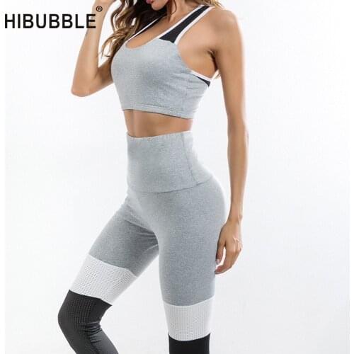 Hibubble Women Sports Suit Ruched Legging Cropped Top Tracksuit 2 PCS Running Set Yoga Mesh Splice Patchwork Sportswear