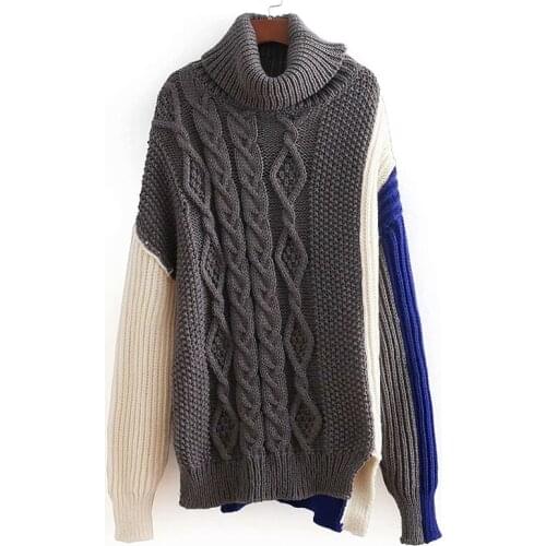 Bella Philosophy color matching crocheted knitted loose sweater long sleeve turtleneck pullovers winter female casual wear top