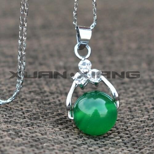 Womens Necklace Pendant Green Chalcedony Round Beads Pendant Sliver Chain Pendant Gift for Females Jades Stone Jewelry