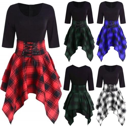 Gothic Dresses For Women Fashion Summer Dress O-neck 2021 Lace Up Tartan Plaid Print Asymmetrical Mini Dress Roabe Femme