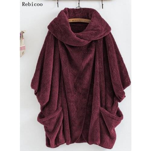 Women Fluffy Coat Oversized Batwing Sleeve Jacket Female Button Outwear Winter Warm Poncho Solid Autumn Top Lady Jumpers