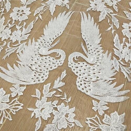 1 Yard Crane Birds Lace Fabric Embroidered On Off White Tulle Lace 51" Width