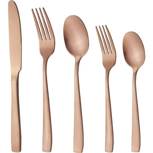 5pcs Rose Gold Dinnerware Stainless Steel Set Cutlery Knife Fork Spoon Dessert Spoon Sliverware Kitchen Home Party Tableware Set