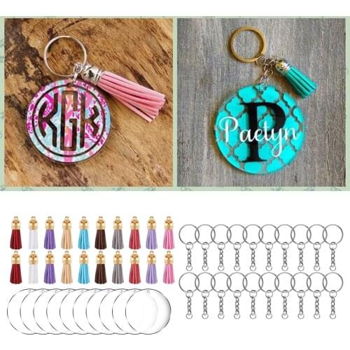 90x Clear Acrylic Circle Discs Keychain Blanks Tassel Pendant Key Ring DIY Kit