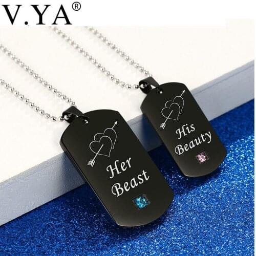 V.Ya"Her Beast & His Beauty" Couple Heart Pendent Necklaces Fashion Crytal Crown Stone Tag Necklaces For Lover Valentines Gifts
