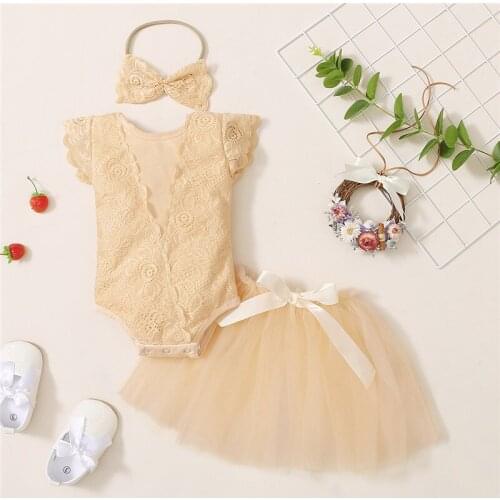Baby Girls 2Pcs Summer Outfits Cute Fly Sleeve Lace Romper + Tulle Skirt + Headband Infant Girls Cotton Clothing Sets