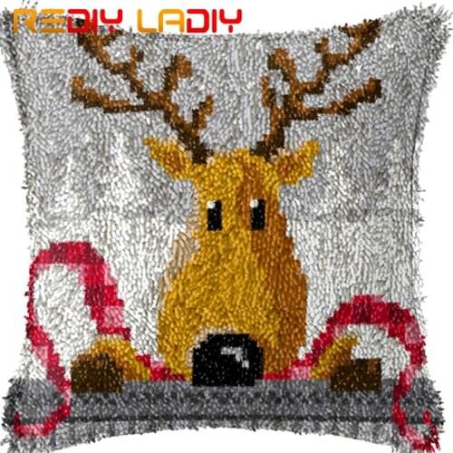 Latch Hook Cushion Christmas Deer Pillow Case Printed Color Canvas Acrylic Yarn Latched Hook Pillow Crochet Cushion Cover Kits