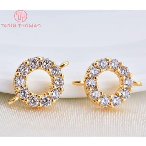 4PCS 24K Gold Color Plated Brass with Zircon Round Circel with 2 holes Connector Charms Pendants Jewelry Findings Accessories